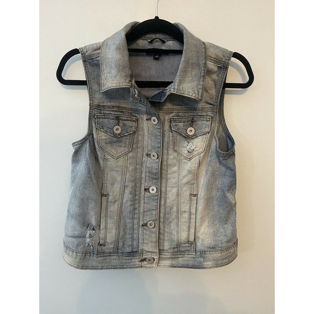 Denim Jean Distressed Vest Signature Studio Women’s Size Small Stretch  EUC